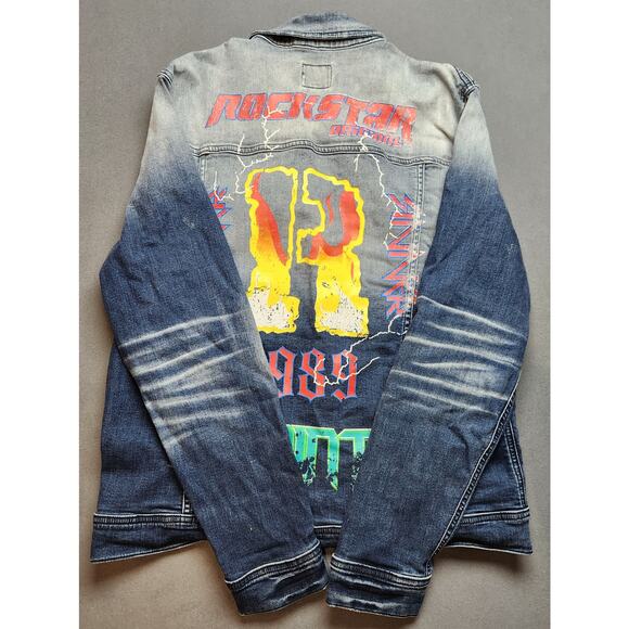 Rockstar Original Denim Jacket Mens XXL Blue Saint Sinner Distressed Streetwear - Picture 6 of 7